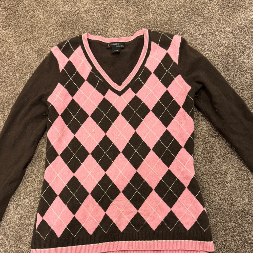 Pink and Brown cashmere Argyle V-Neck Sweater